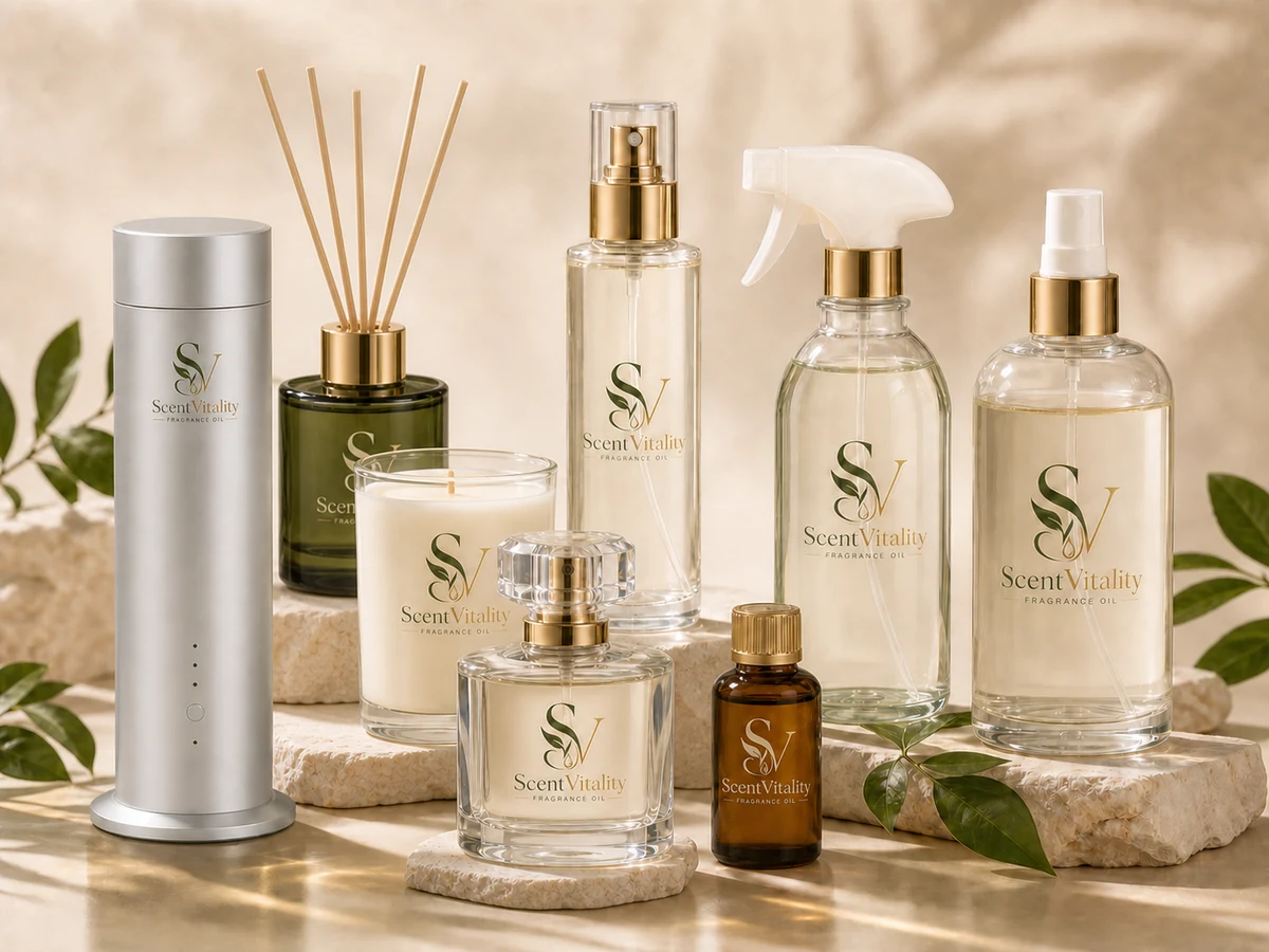 ScentVitality branded scent diffuser machine, reed diffuser, candle, fine fragrance, air freshener, cleaning product, odor-control product and fragrance oil