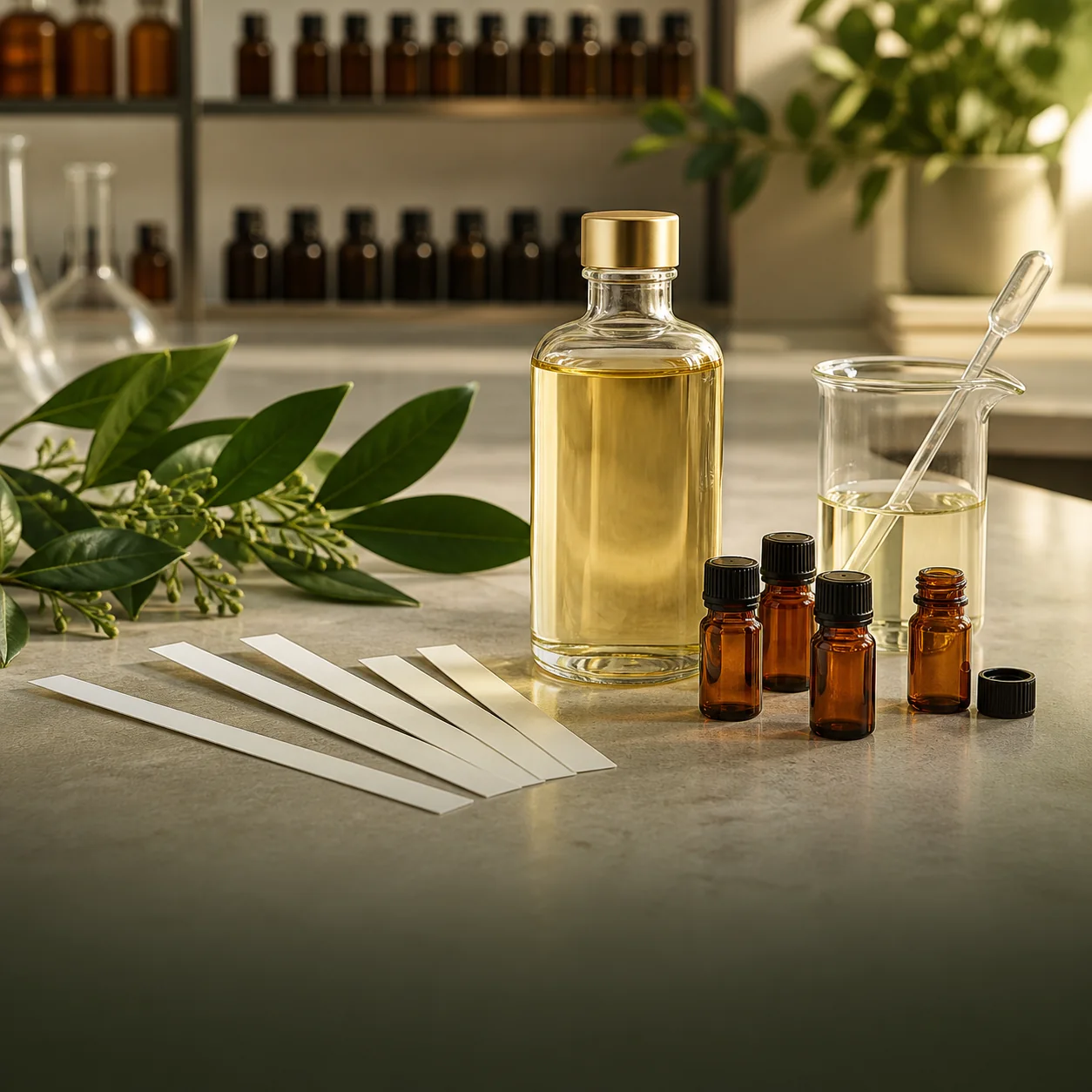 Custom fragrance oil development laboratory with golden oil samples, scent blotter strips and testing glassware